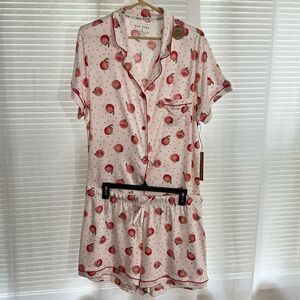 RAE DUNN. XL Blush Pink Peach Notch Collar Short Sleeve Button Top Shorts PJ Set